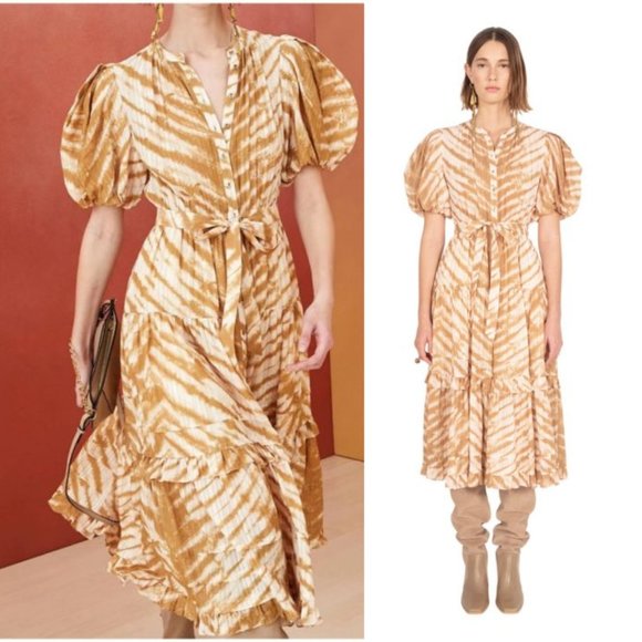 Ulla Johnson Magdalena Midi Dress Sand Tiger Print Puff Sleeves Ruffled - Picture 1 of 13